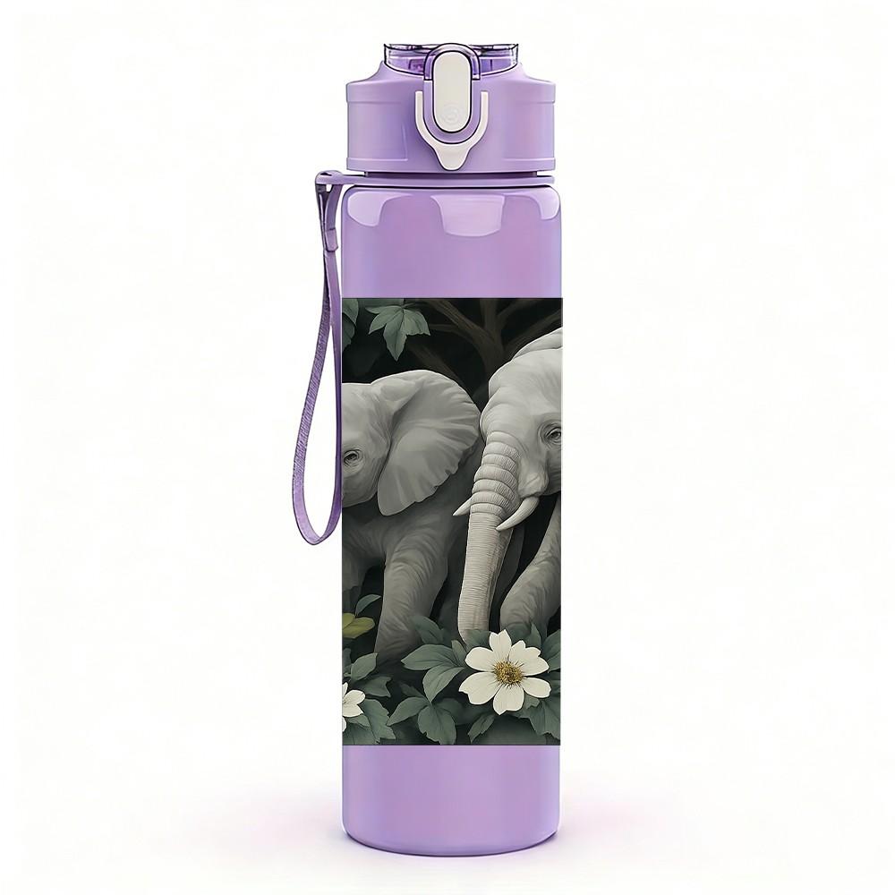 1PC Two Wild Elephant Watercolor Bust 750ml Color Plastic Sports Water Bottle Leakproof Flip Straw Lid For Sports Office Home Use