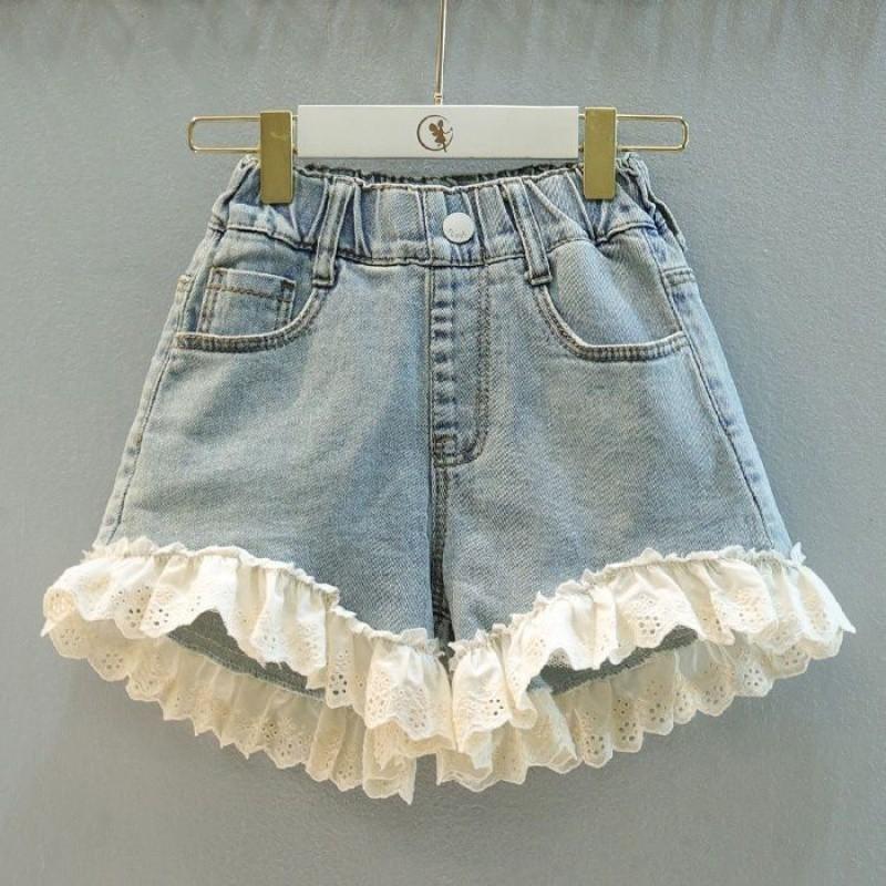 

Stylish Black Lace Embroidered Puff Sleeve Top And Denim Shorts Set For Girls Shorts,110cm/43.31in