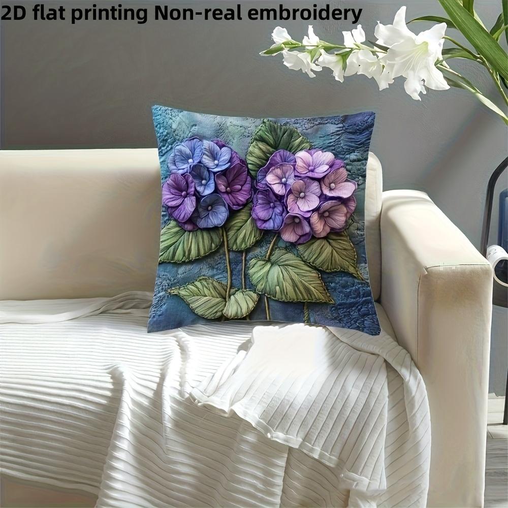 Purple Hydrangea Faux Embroidery Pillow Cover 2D Floral Print Cushion Case Boho Farmhouse Home Decor Gift