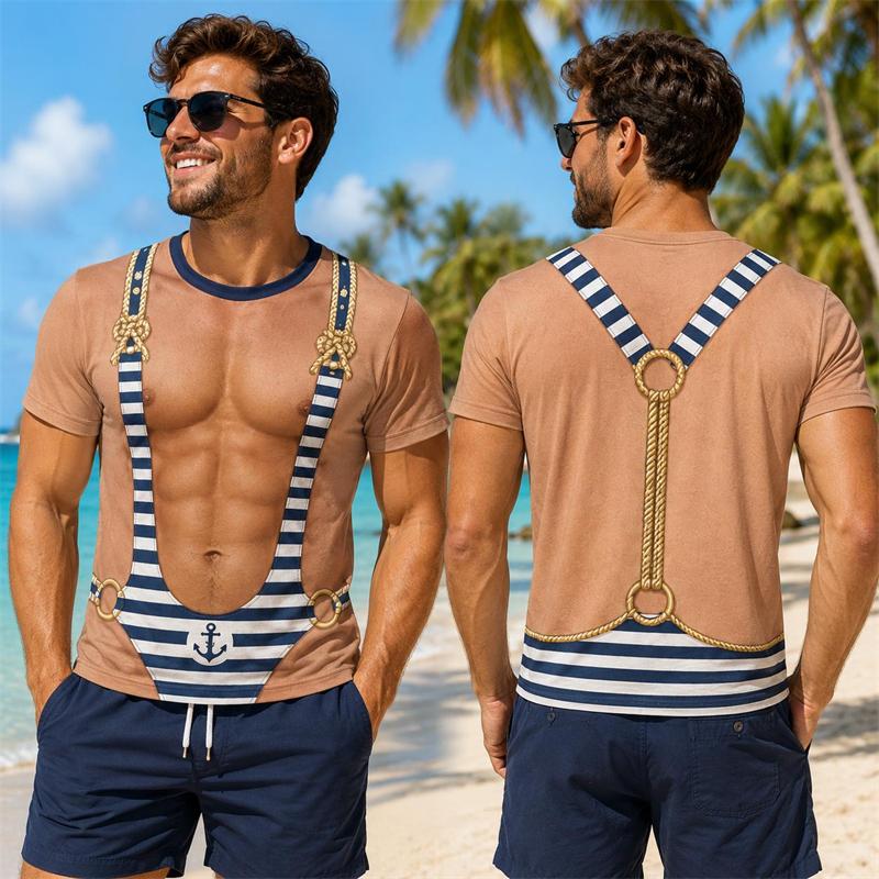 T-shirt Manches Courtes Homme Drôle Motif Musclé Faux Impression 3D Graphique Faux Abdominaux Col Rond Décontracté Fête Cosplay Costume T-shirts