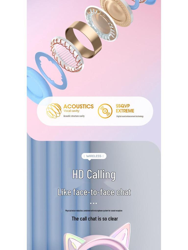 Wireless Bluetooth Cat Ear Headphones - Noise Cancelling, Over-Ear, Gaming & Music for Kids & Computers