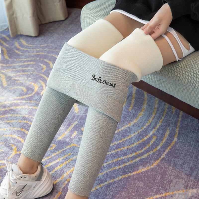 Verdickte Lammwolle Leggings für Damen, Hoher Bund, Bestickter Bund, Fleecegefüttert, Vertikale Streifen, Warme Herbst-/Winterhose.