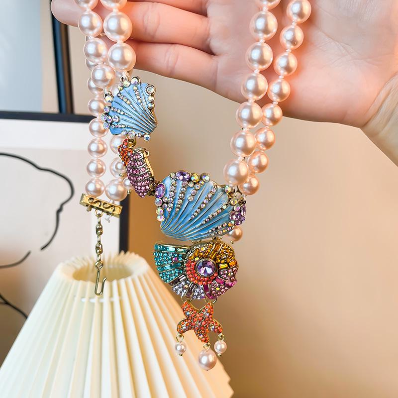 Vibrant Rhinestone Pearl Necklace & Marine Life Tassel Earrings Set