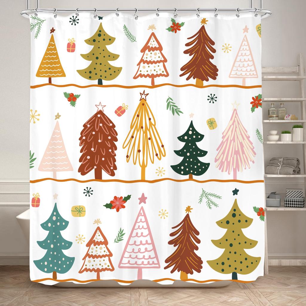 Christmas Shower Curtain Winter Snowy Landscape Forest Shower Curtain Xmas Pine Tree Bath Curtain with Hooks Home Bathroom Decor