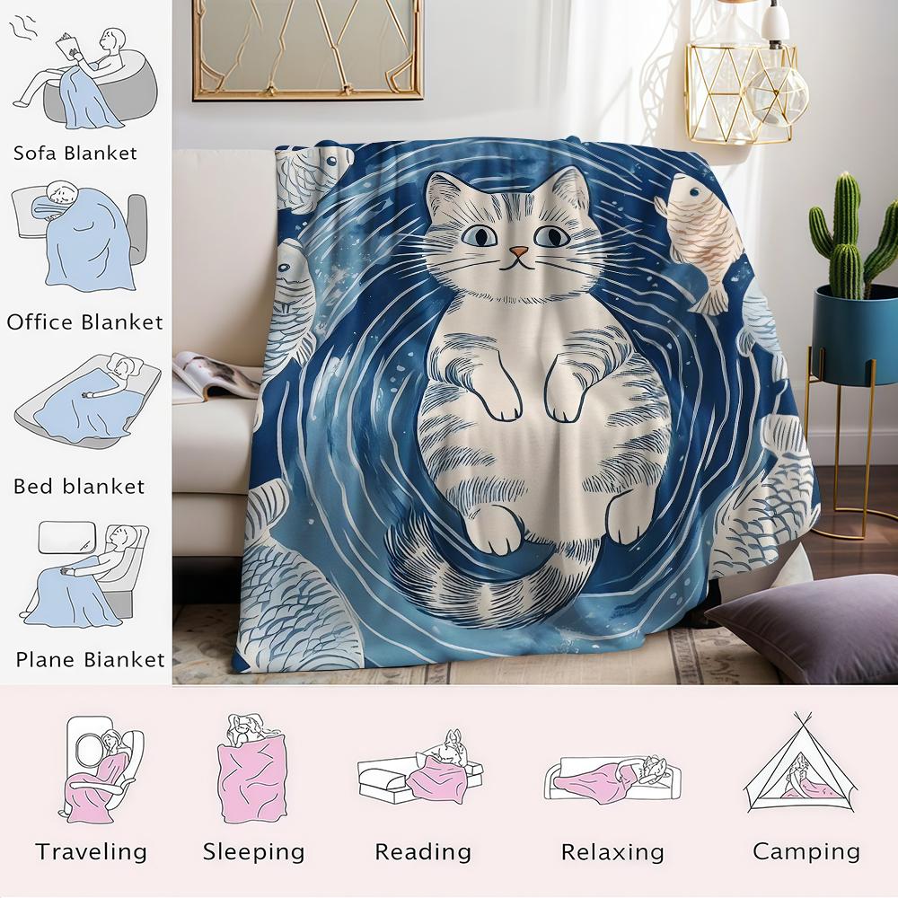 Cat & Fish School Flannel Blanket Warm Soft Halloween Christmas Couch Warm Cozy Decorative Decor Gift for All Season