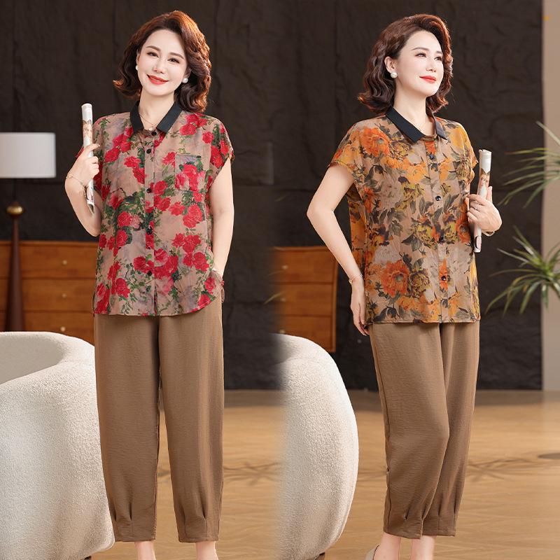 High-End Plus-Size Summer Fashion Set: Flattering Elastic Two-Piece T-shirt & Shorts for Middle-Aged & Elderly Women