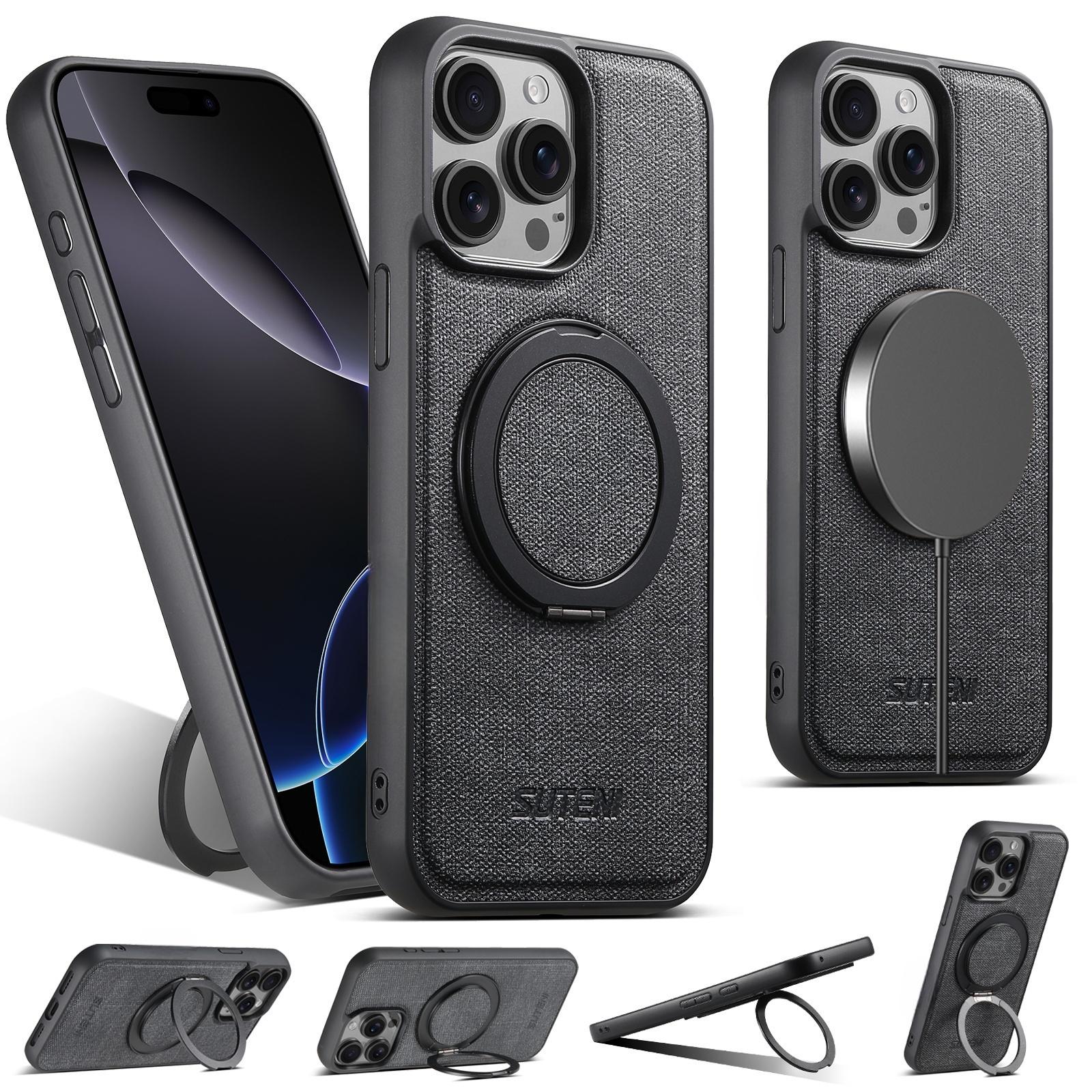 

SUTENI G3 For iPhone 14 Pro Max Magnetic Case Rotating Ring Kickstand Jeans Texture PU TPU Phone Back Cover Black