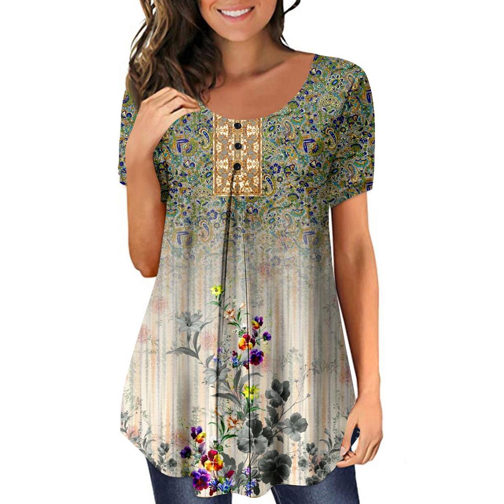 Women Summer Plus Size Pullover Print Loose Round Neck Button Short Sleeve T Shirt