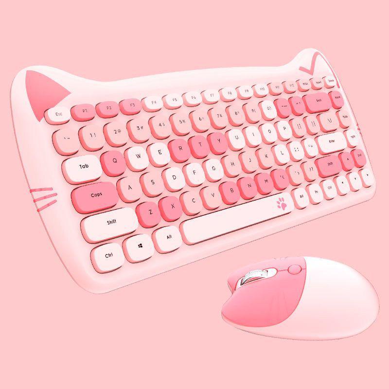 Adorable Kitty Cat Wireless Keyboard and Mouse Set with Pink Sakura Design and Cute Cat Ears - Perfect Silent Gift Box for Girls