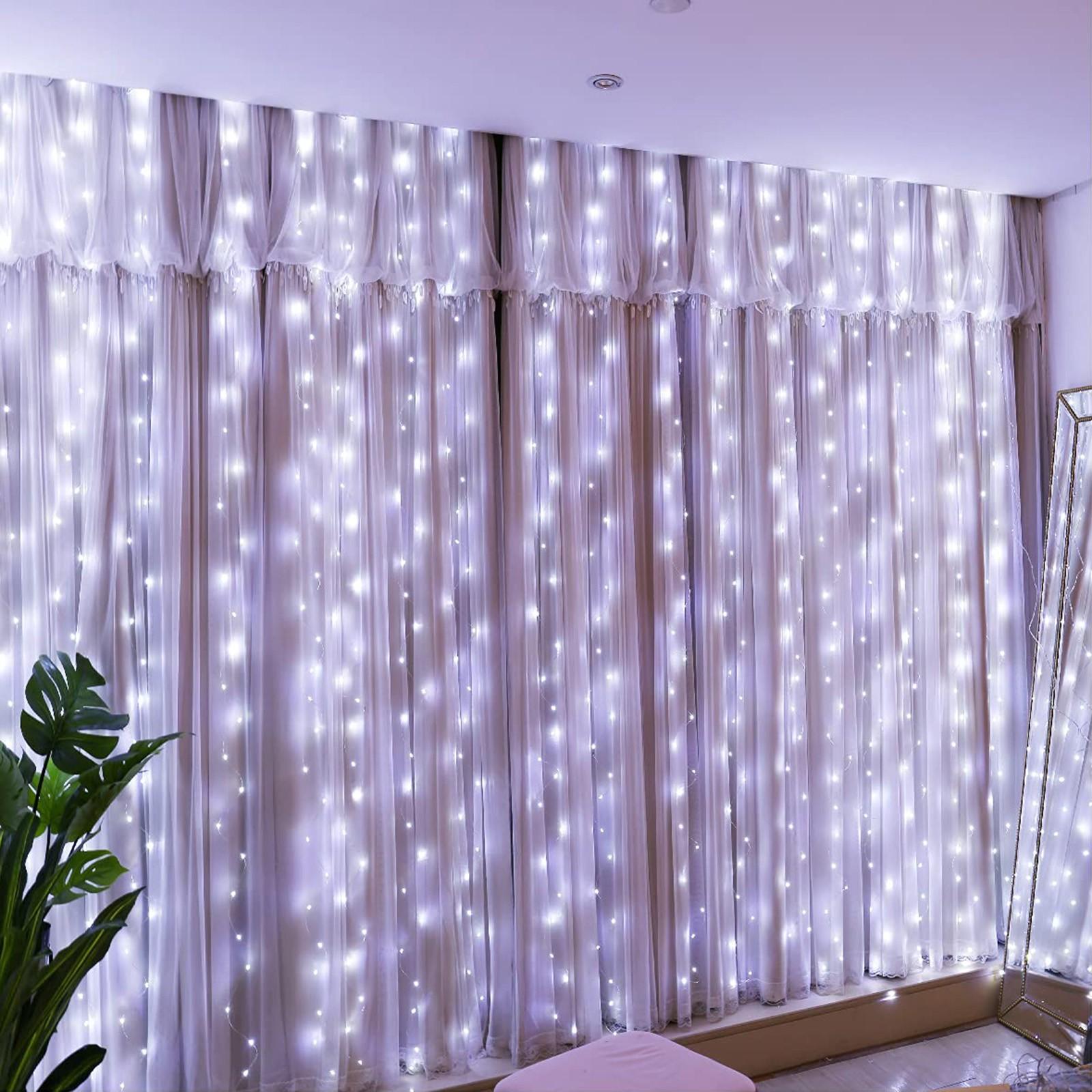 

300 світлодіодних світлових штор 3 MX 3 M USB Lights Curtain з 8 режимами дистанційного керування Регульована яскравість Вікно спальні В приміщенні На вулиці One Size білий