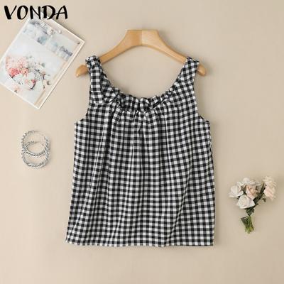 Damskie Letnie Top Bez Rękawów w Kratę z Kokardą na Ramiączku Casualowy Falbankowy Top