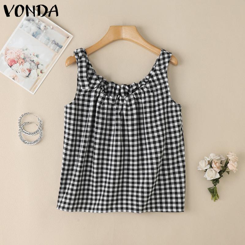 

VONDA Women Summer Bow Strap Sleeveless Plaid Print Casual Ruffled Tank Tops S чёрный