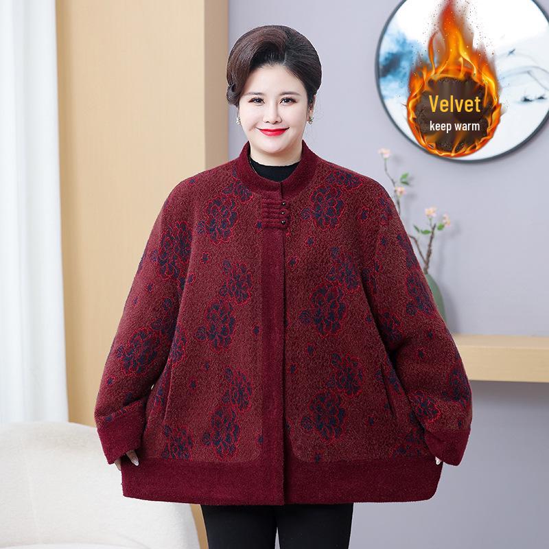 Stylish Plus Size Fleece-Lined Jacket for Middle-Aged and Elderly Women, Warm Cardigan for Moms, Fits Up To 200 Jin