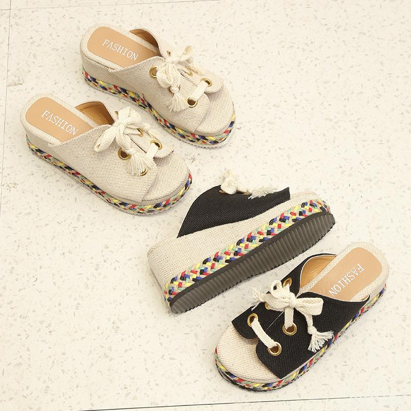 Women Summer Shoes 2026 Summer Lace Up Height Increase Wedge Slippers Women Plus Size Closed Toe Straw Platform Sandals Woman