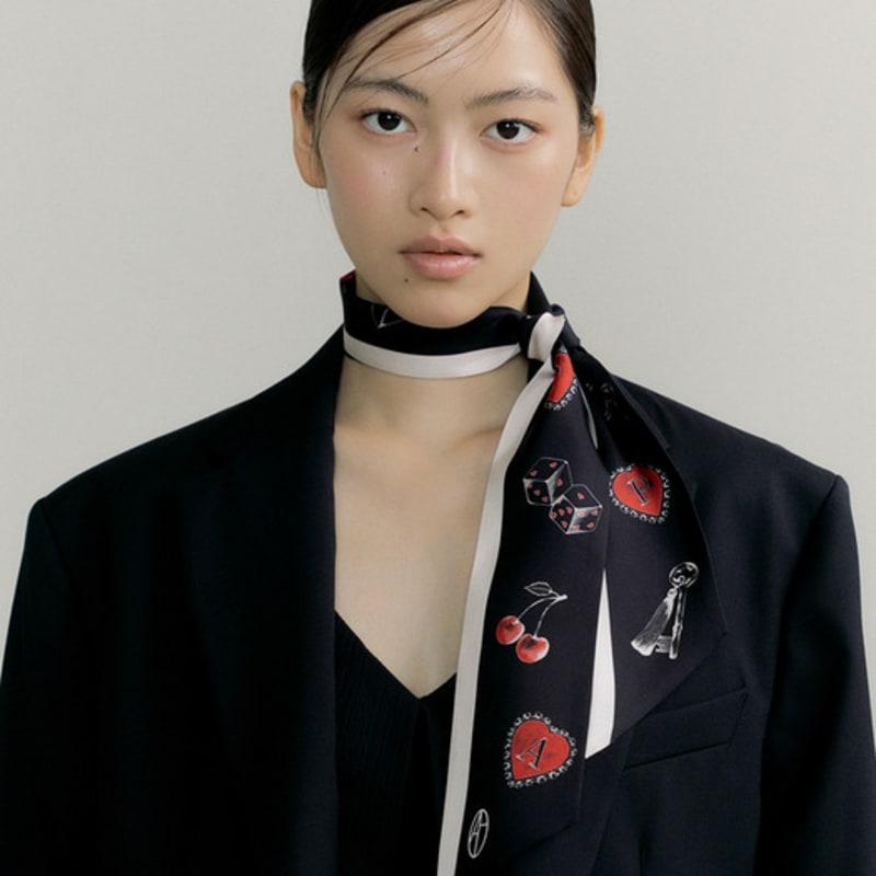 AVVINA PELLE Cherry Charm Long Twilly Silk Scarf - Black