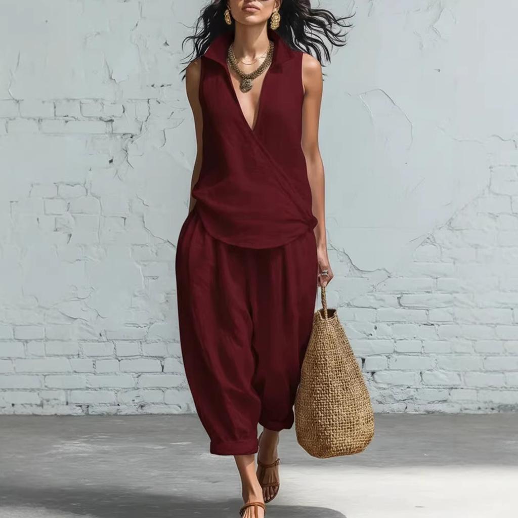 Women's Fashion Sleeveless Loose Minimalist Cotton-Linen Casual Two-Piece Set
