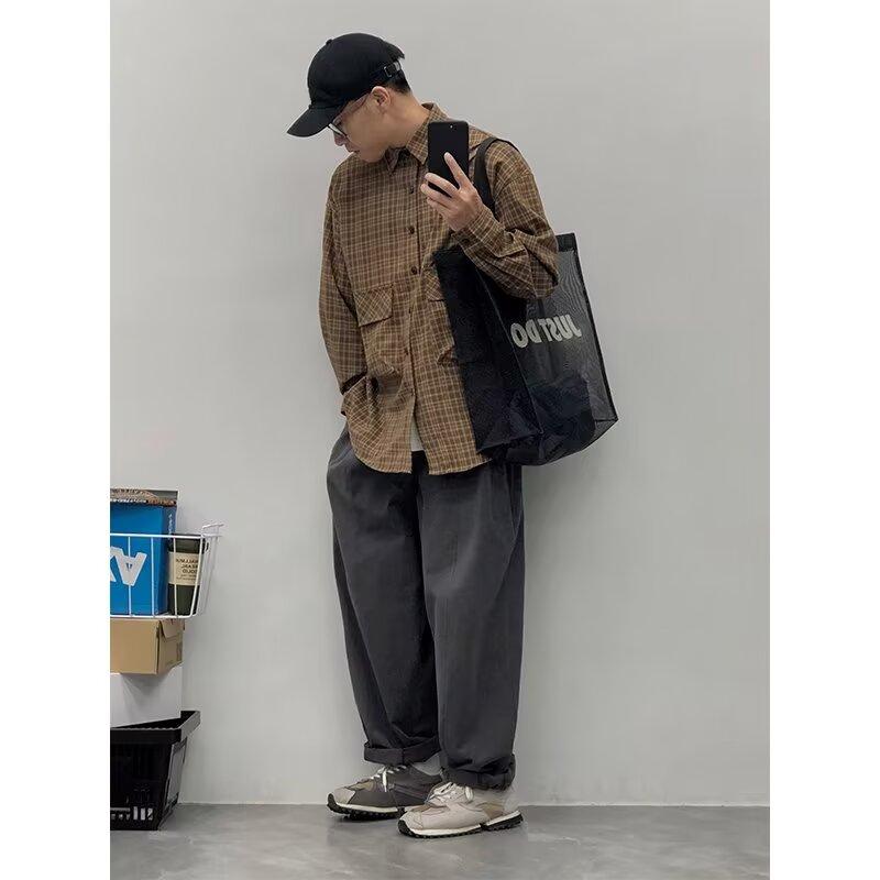 Japanese Spring and Autumn Large Pocket Plaid Long-Sleeved Shirt Fashion Brand Loose Couple Contrast Color Street Shirt Coat Men