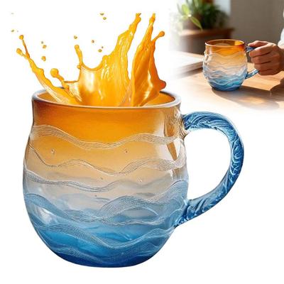 350ml Handgefertigter Sonnenuntergang Ozean Glasbecher Nachmittagstee Bürobecher Einzigartiges Design Oranger Verlauf Blau Mitgelieferte Löffel
