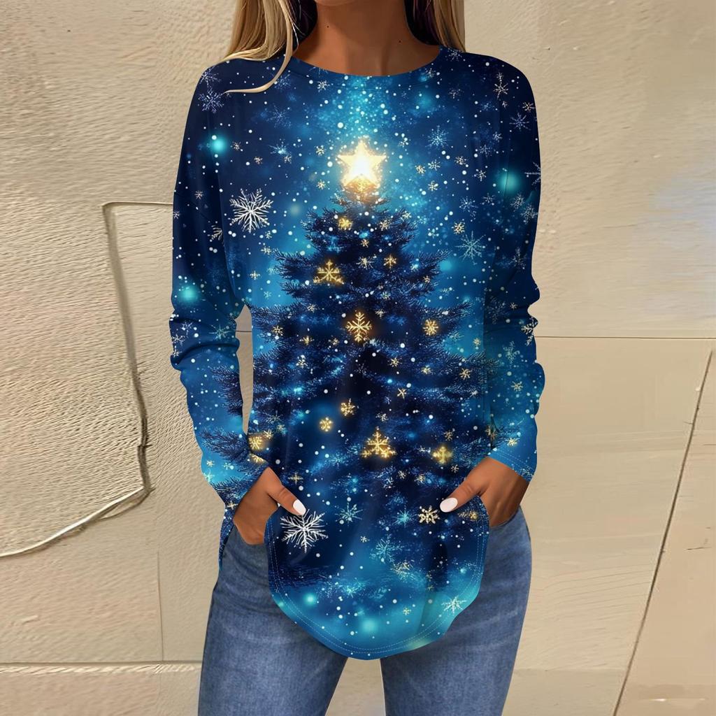 3D Gradient Color Christmas Tree Print Round Neck Long-sleeved T-shirt Casual Long-sleeved Top