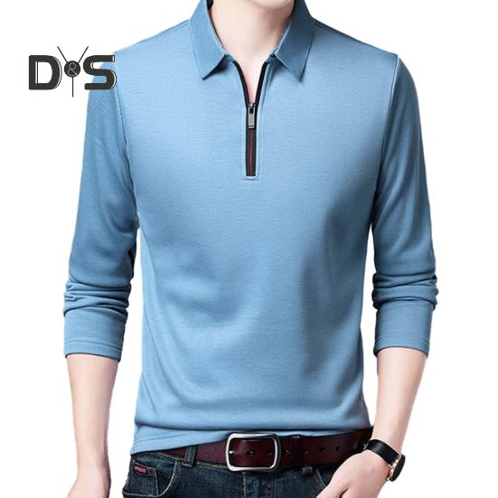 

Мужская однотонная деловая рубашка с лацканами, застежкой-молнией, длинным рукавом, свитер, топы, весна-осень, приталенная рабочая футболка M светло-синий