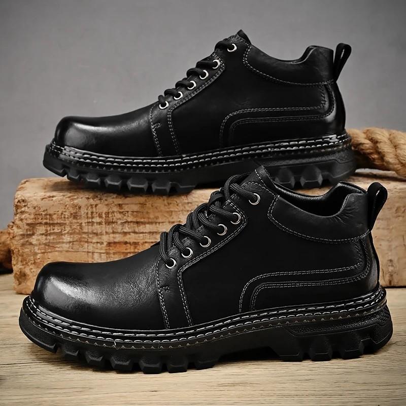 Fashion Italian Genuine Leather Mens Leather Casual Shoes Luxury Brand Business Shoes Lace-up Men Boots Comfy Work Ankle Boots for Men