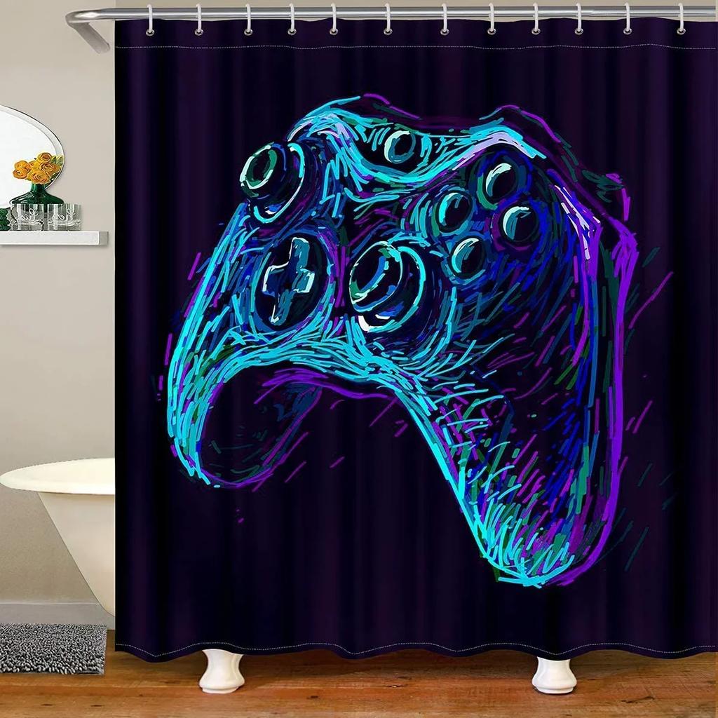 Modern Gamer Shower Curtain Video Game Controller Bath Curtain Room Decor Bright Colorful Geometry Waterproof Bathroom Curtains