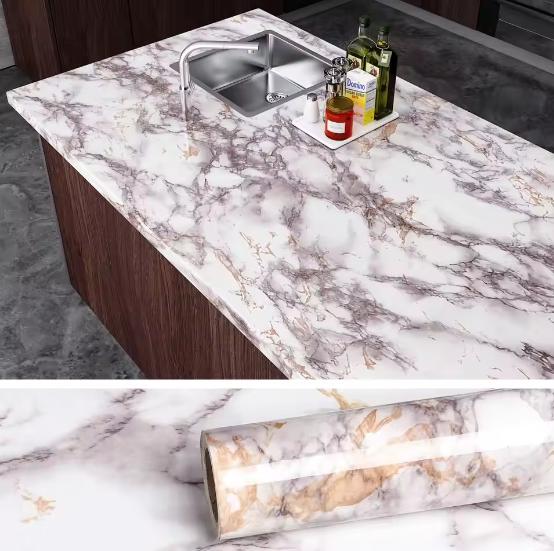 Marble Self-Adhesive Film - Water/Oil Resistant PVC Wallpaper for Kitchen Backsplash & Countertops - Peel & Stick