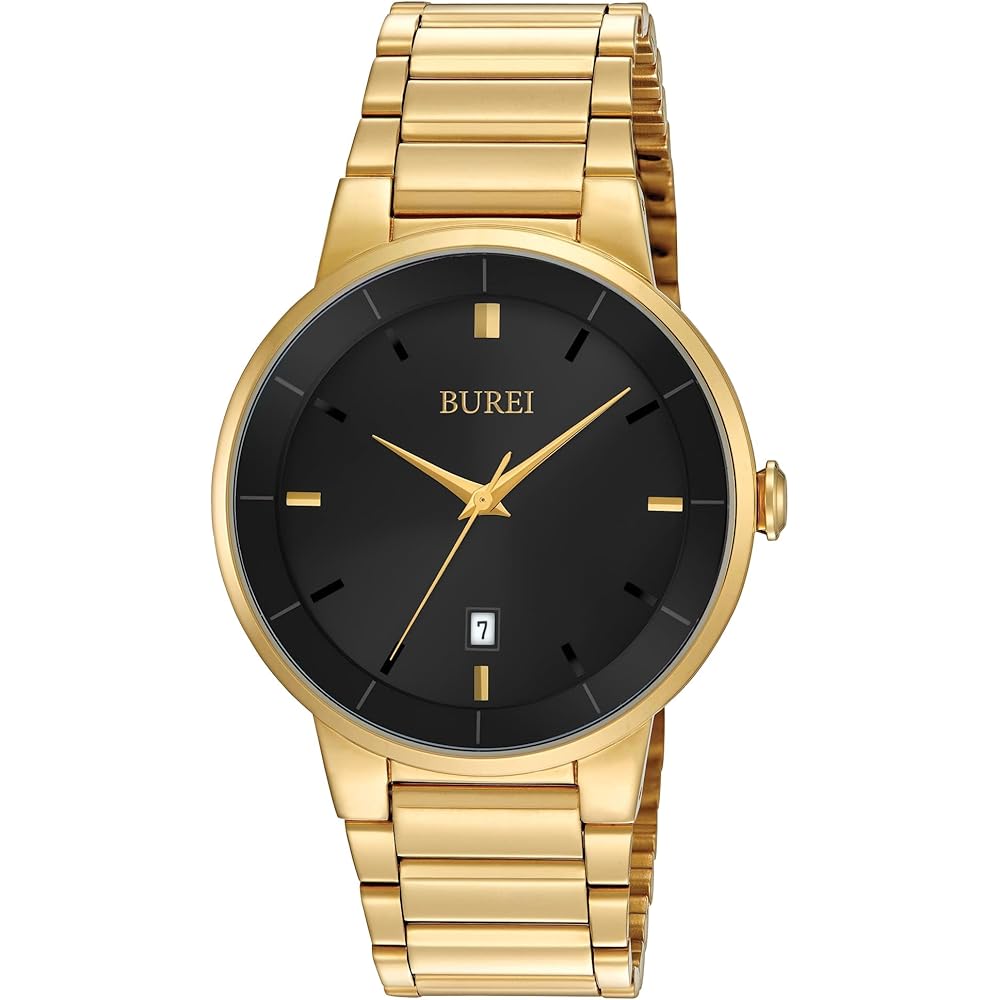 BUREI Men s Analog Quartz Watch Black Large Dial Waterproof Stainless Steel Band Casual Business Timepiece