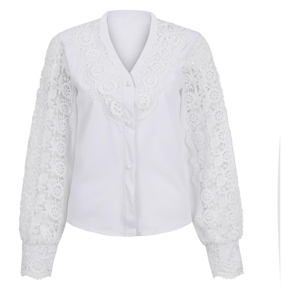 Ladies Fashion Lace Long Sleeve V-neck Round Neck Lace Button Shirt Shirt