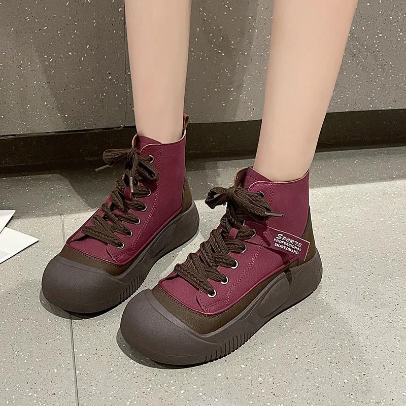 Fashion Spring Autumn New Women's Sport Shoes Fashion Tide Ankle Boots Retro Round Toe Lace Up Comfort Thick Sole Sneaker Botas De Mujer
