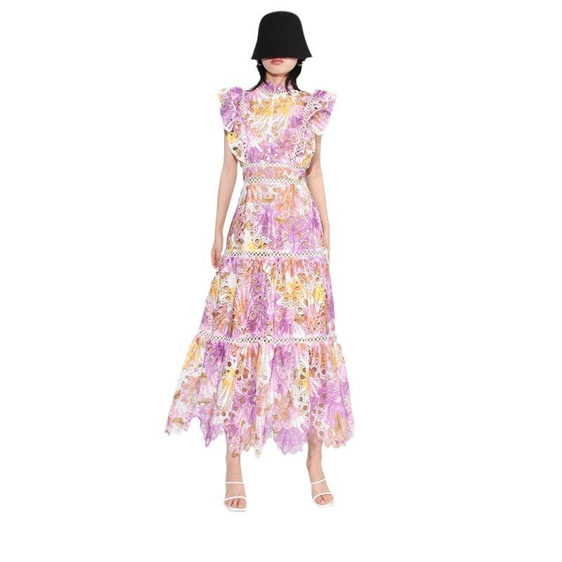 Eleganter französischer langer Rock: 2025 Frühling Stehkragen Spitze Ärmellos Besticktes Kleid für Damen