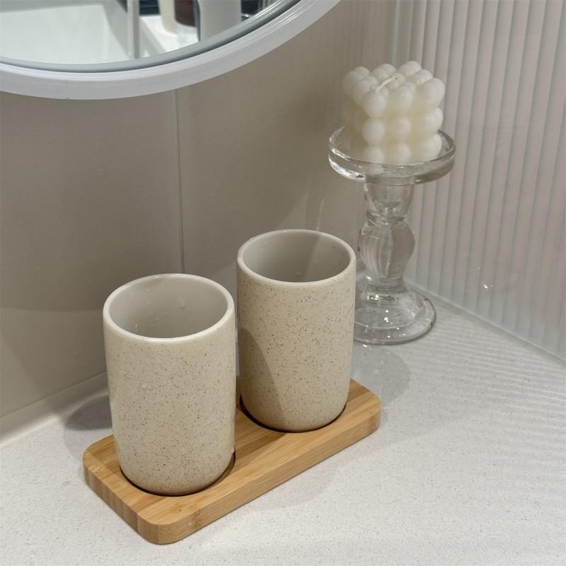 Japanese Style Ceramic Cup Set Hotel Home Bathroom - 280ml Sand Color Toothbrush Holder With Bamboo Tray
