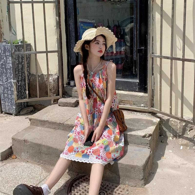 Summer New Sweet Mori Pastoral Suspender Dress Women's Summer Dopamine Design Skirt