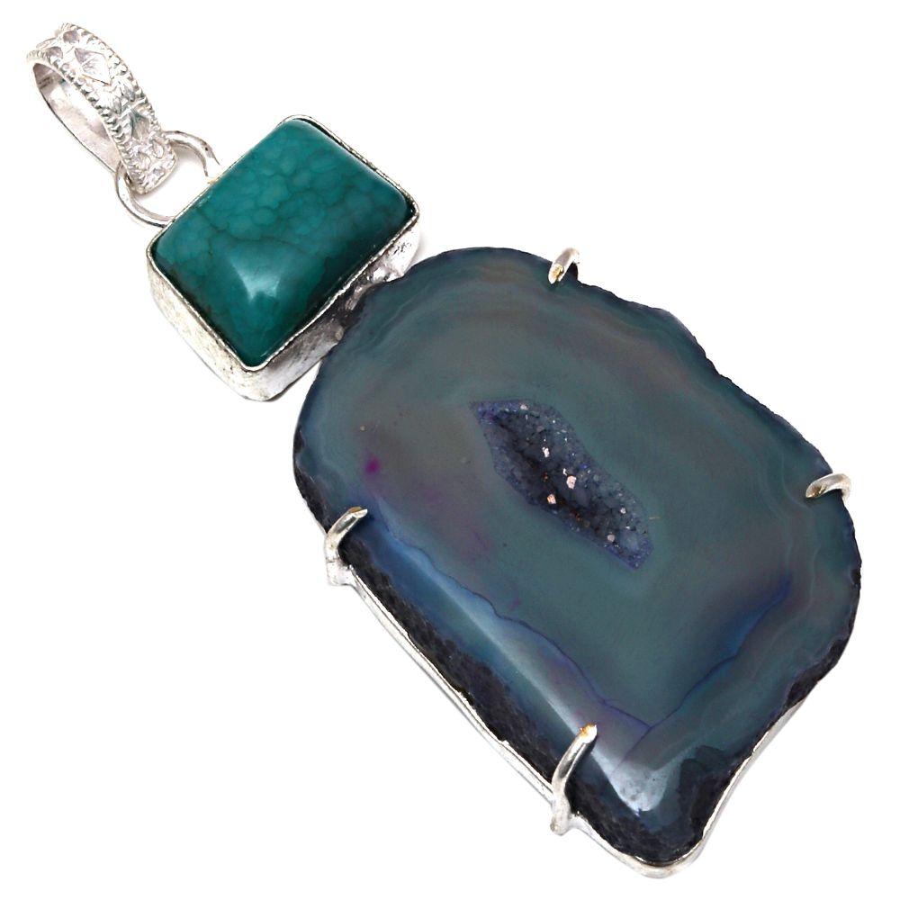 

Pendant Green Slice Drusy Gemstone Handmade Silver Jewelry 2.5