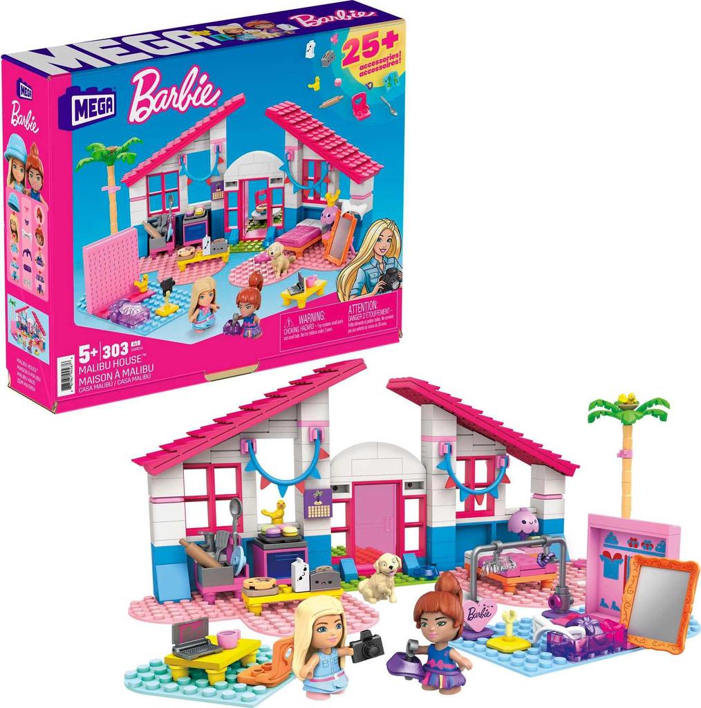 MEGA CONSTRUX Barbie Malibu House Building Blocks Set (Ages 5 and Up) 303 Pieces GWR34 Pink