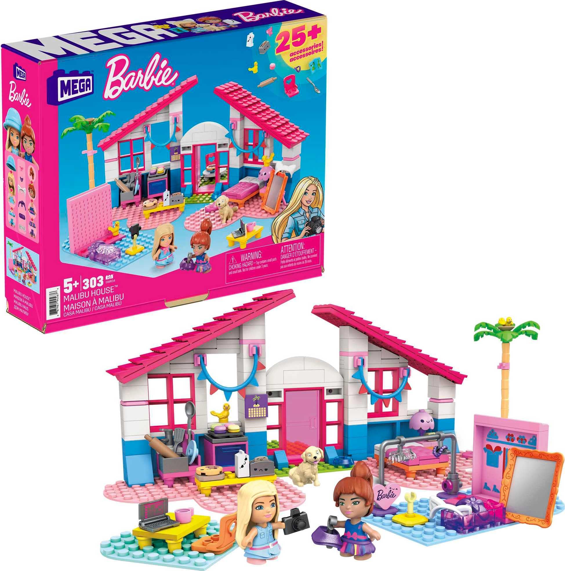 

MEGA CONSTRUX Barbie Malibu House Building Blocks Set (Ages 5 and Up) 303 Pieces GWR34 Pink