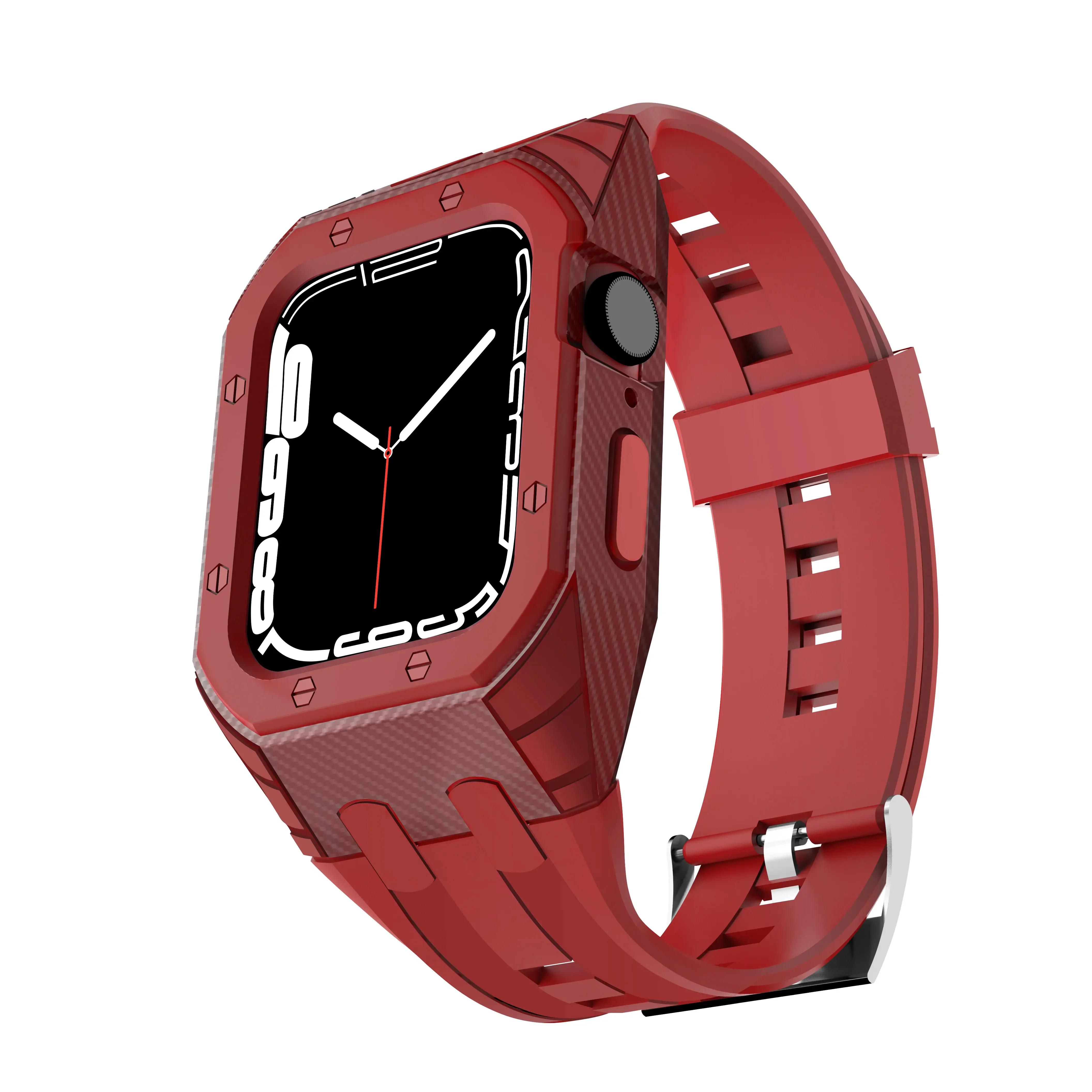 

Кейс+Ремешок из Углеродного Волокна для Apple Watch Band 9 8 7 45 мм Силиконовая PC крышка для iwatch series 6 SE 5 4 44MM 42MM Резиновый Браслет 42MM красный