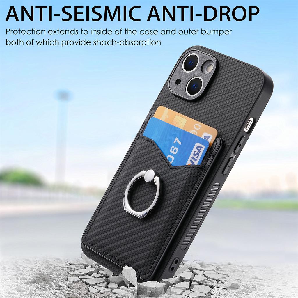 Cellphone Cover for iPhone 15,Card Holder Carbon Fiber Texture PU Leather+PC+TPU Phone Case with Ring Kickstand