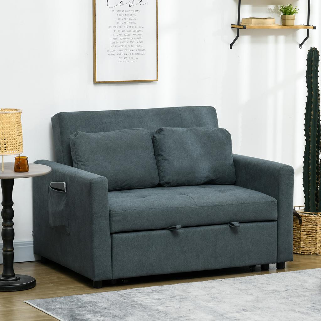 Loveseat Sofa Bed, Convertible Bed Settee with 2 Pillows, Side Pockets, Charcoal Grey