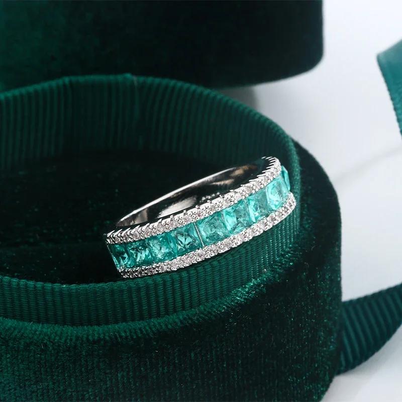925 Silver Plated Women's Fashion Single Row Diamond Ring Geometric Square Green Zircon Ring Jewelry Anniversary Gift