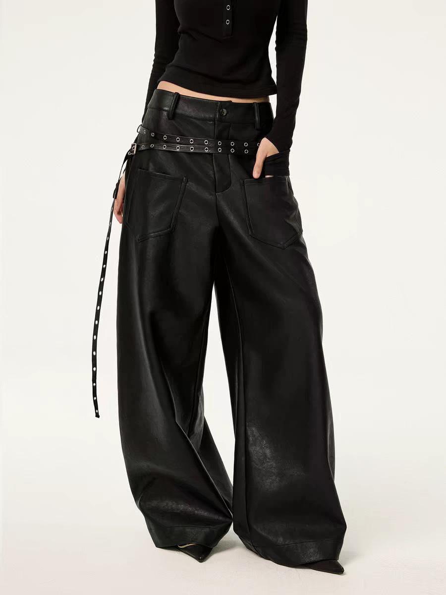 

2025 A/W Double Belt Scimitar PU Leather Wide-Leg Pants for Women: Mid-Low Waist, Versatile Design Small чорний