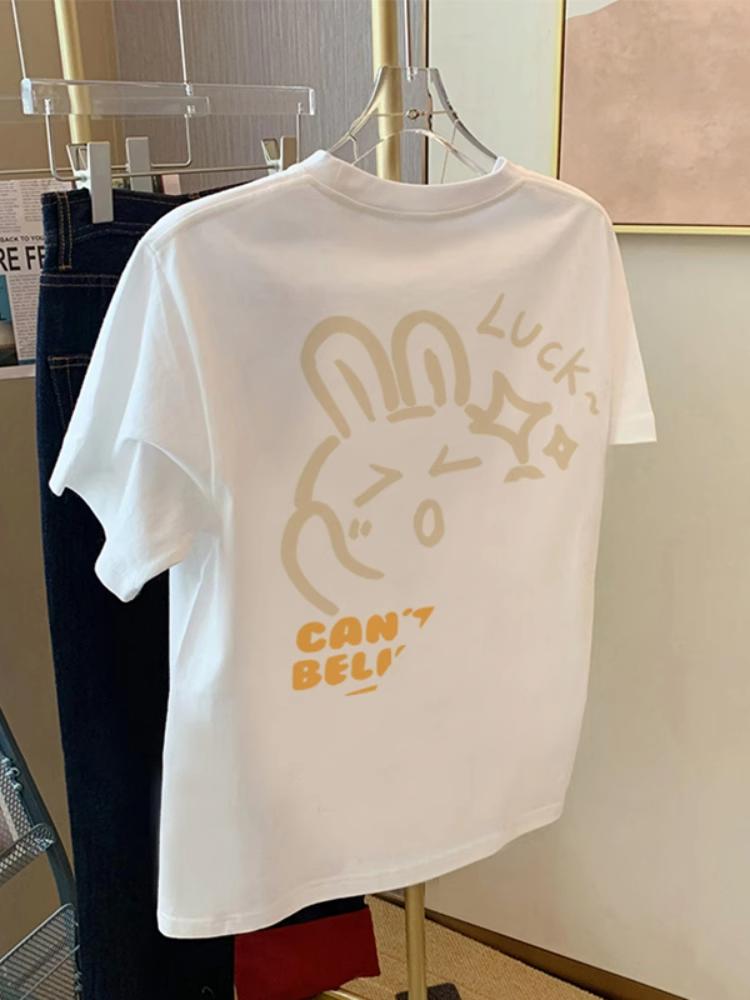 

Rabbit short-sleeved cotton t-shirt women s summer 2025 new loose foreign style versatile shoulder Hong Kong style chic top trendy S