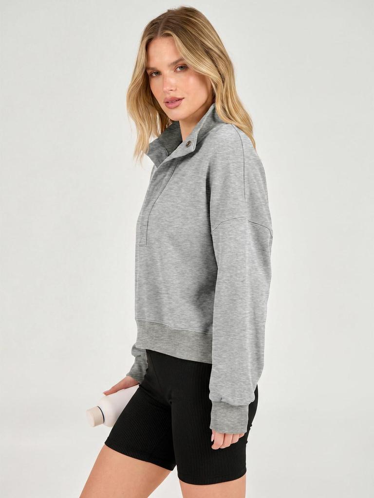 2026 Women's Loose Long-sleeved Hoodie with Half-open Collar and Buttons for Autumn and Winter - Comfortable and Casual European/American Style