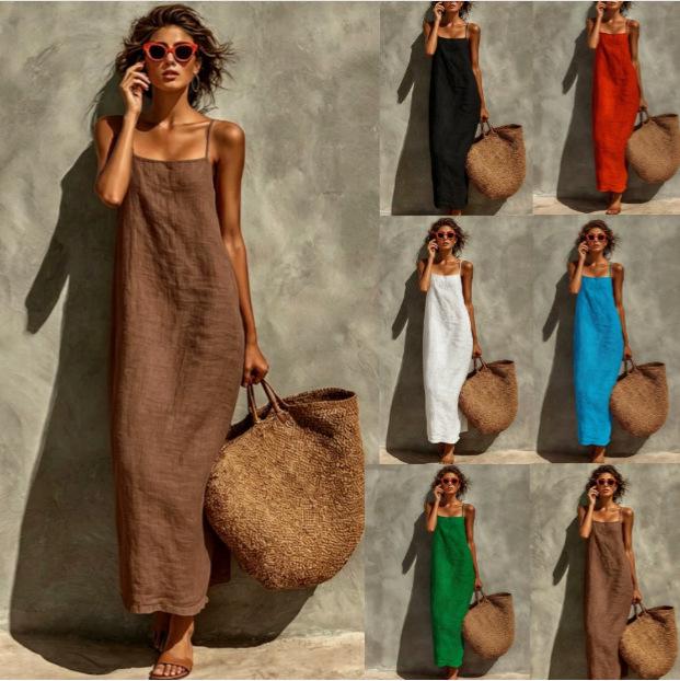 2026 Summer Cotton Linen Spaghetti Strap Dress: Retro, Solid Color, Sexy, and Comfortable for Women