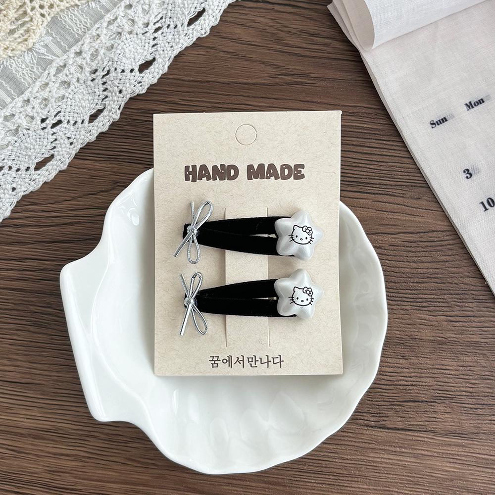 Love Heart Star Kitten Hair Clips & Ties Set: Black & White Elastic Bands, Side Clips, Versatile Bangs Clips for Children