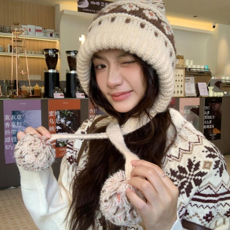 Elastic Thermally Fleece Hat Nordic Pattern Lightweight Cold Weather Headwear Elastic Winter Beanies For Travel