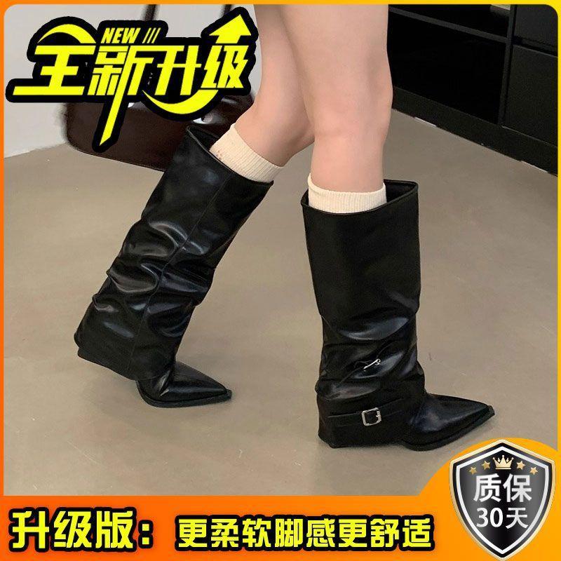 Pointed Buckle Pleated Pile Boots Women's Thick Heel 2025 Punk Style Knight Boots Fried Street Hot Girl High Heel Boots