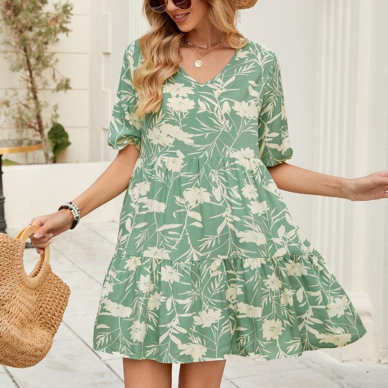 Women's Spring Print V-neck Loose Short-sleeved Dress