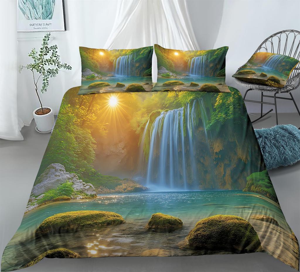 Waterfall Duvet Cover Sets For Teens Adults Queen Quilt Covers Lightweight Down Room Decor 2 Pillowcases 1 Duvet Cover No Quilt