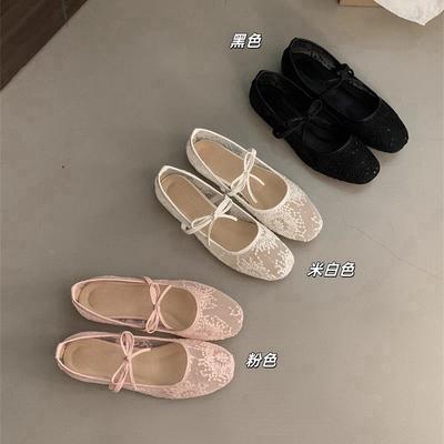 2025 primavera nuove scarpe singole Mary Jane in rete di pizzo rosa francese a fondo piatto traspiranti scarpe da sera da donna